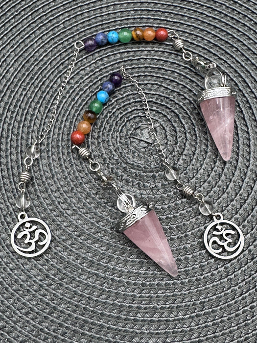 Rose Quartz Pendulum on silver coloured chain with chakra beads