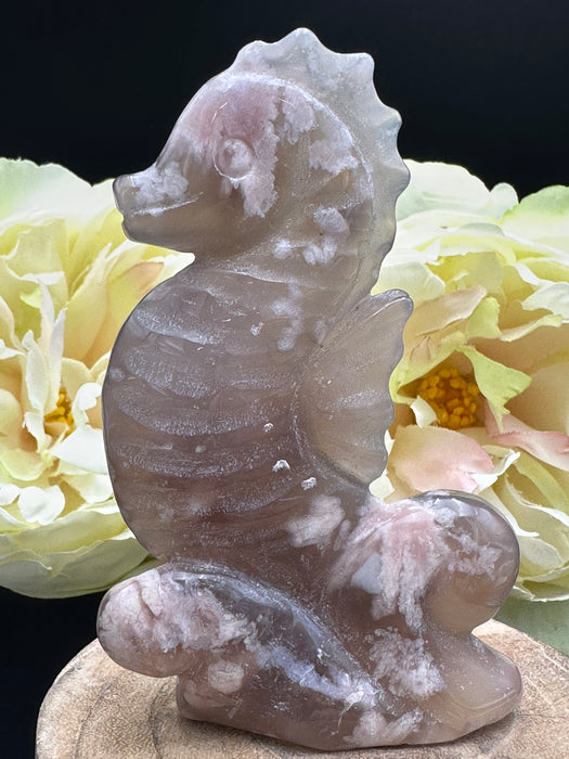 Self Standing Flower Agate Seahorse Carving