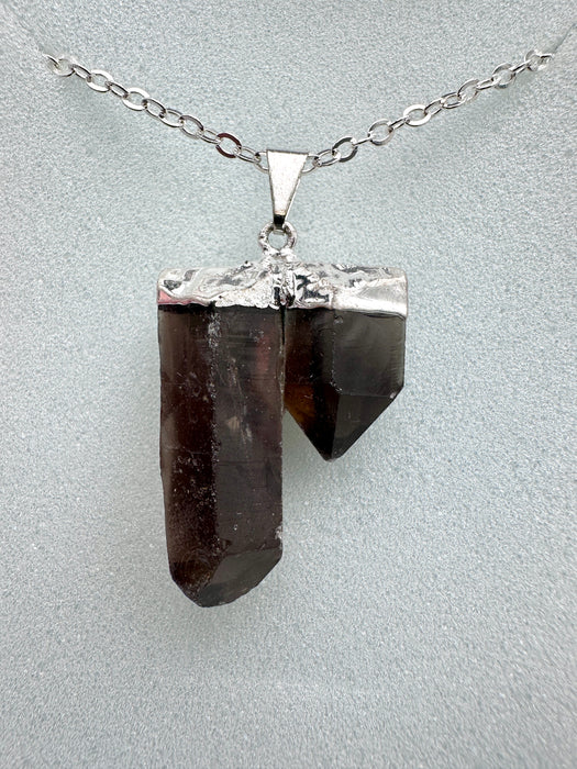 Smoky Quartz Double Natural Point Pendant on high quality Silver plated chain