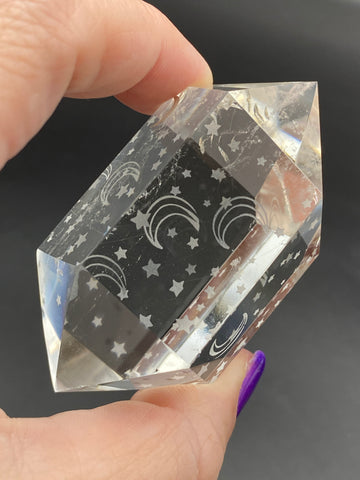 Clear Quartz Laser Etched Moon Star DT Double Terminated Crystal Point