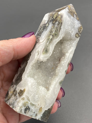Druzy Moss Agate Crystal Point Tower